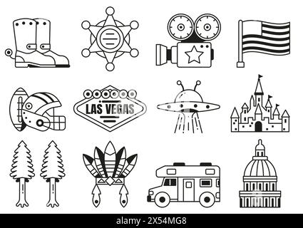 Icone USA ed elementi di design in Line Art Illustrazione Vettoriale