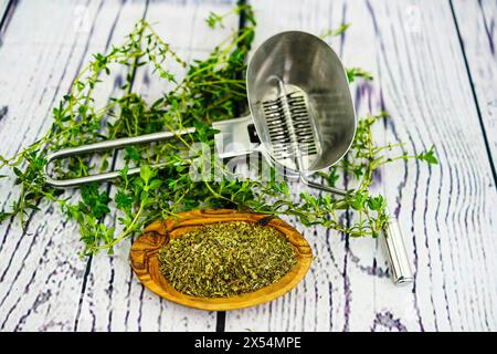Salato estivo, calamint (Satureja hortensis), schiacciato su un piatto di legno, con mulino per erbe Foto Stock