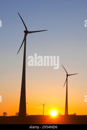 Turbine eoliche sull'altopiano di Paderborn all'alba, Windpark Wevelsburg, Germania, Renania settentrionale-Vestfalia, Bueren Foto Stock