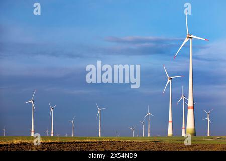 Turbine eoliche sull'altopiano di Paderborn, Germania, Renania settentrionale-Vestfalia, Paderborner Hochflaeche, Bad Wuennenberg Foto Stock