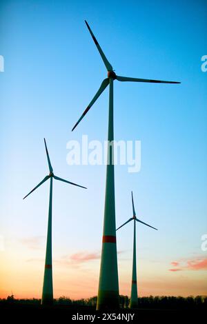 Turbine eoliche sull'altopiano di Paderborn, Windpark Wevelsburg, Germania, Renania settentrionale-Vestfalia, Bueren Foto Stock