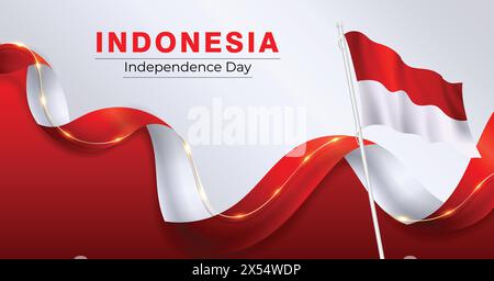 Bandiera del giorno dell'indipendenza dell'Indonesia con nastro ondulato rosso e bianco Illustrazione Vettoriale