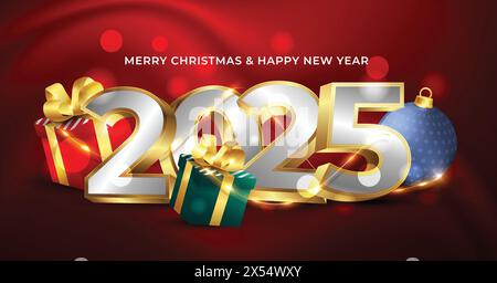 buon natale e felice anno nuovo 2025 Concept background con numeri dorati ed elementi natalizi Illustrazione Vettoriale