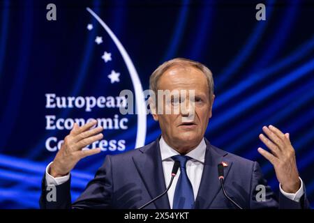 Katowice, Varsavia, Polonia. 7 maggio 2024. Il primo ministro della Repubblica di Polonia Donald Tusk interviene durante l'inaugurazione del XVI Congresso economico europeo (CEE) presso il Centro Congressi Internazionale di Katowice, in Polonia. (Credit Image: © Maciek Jazwiecki/ZUMA Press Wire) SOLO PER USO EDITORIALE! Non per USO commerciale! Foto Stock