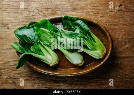 vista ad angolo alto di una casseruola in terracotta con alcuni bok choys posizionati su un tavolo in legno rustico Foto Stock