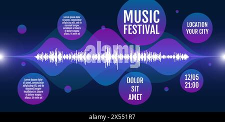Banner orizzontale per festival di musica elettronica discoteca party con linee equalizzatrici e forme d'onda liquide. Modello di design astratto per il flyer electro Sound Fest club. Pubblicità di danza tecno vettoriale. EPS Illustrazione Vettoriale