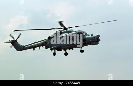 Primo piano di uno dei Black Cats Lynx Duo display Team Helecopters della Royal Navys alla fiera aerea internazionale di Biggin Hill del 2010 Foto Stock