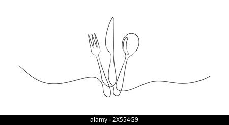 Set in linea continua stile disegno di cucchiaio, forchetta, coltello da bistecca linea art decorativo cibo sano. Grafica vettoriale. Illustrazione Vettoriale