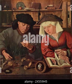 Il finanziatore e la moglie di Quentin Matsys, dipinto nel 1514, ospitato al Museo del Louvre di Parigi. Attraverso intricati dettagli che simboleggiano ricchezza e pietà, l'opera esplora temi di moralità e vanità, caratteristici del Rinascimento settentrionale. Foto Stock