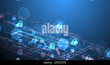 Sfondo digitale sicuro. Riservatezza virtuale, protezione della programmazione. Vettore disegnato a mano. Illustrazione Vettoriale