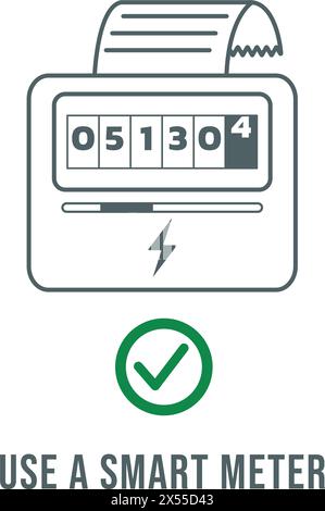 Utilizzo di un contatore intelligente per controllare il consumo di elettricità. Simboli del concetto di consumo delle utility, illustrazione vettoriale Illustrazione Vettoriale