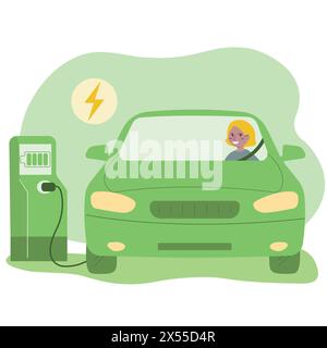 Veicolo ibrido ecologico piatto, ricarica EV alla stazione, tecnologia innovativa e concetto di energia alternativa Illustrazione Vettoriale