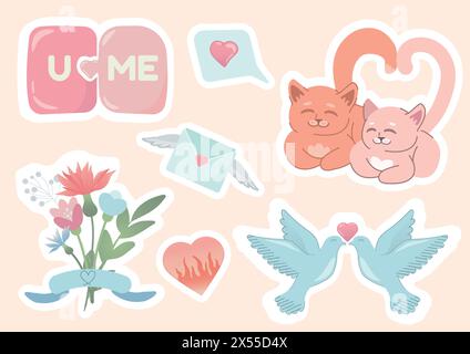 set di icone per san valentino. simboli del cuore, del romantico e dell'amore. immagini vettoriali isolate in stile piatto, fiori, gatti, colombe Illustrazione Vettoriale