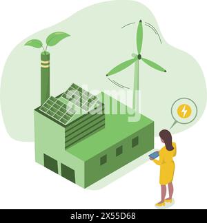 Crescita economica sostenibile con energie rinnovabili e risorse naturali. Energia verde e concetto di industria sostenibile. Illustrazione Vettoriale