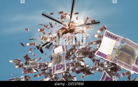 CFA Centrafricana denaro franco Camerun Ciad Congo Gabon banconote che cadono in elicottero XOF note astratte 3d concetto di inflazione, stampa di denaro e. Foto Stock