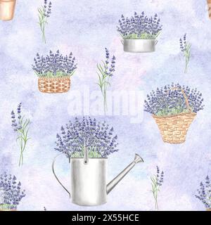 Motivo senza cuciture lavanda. Bouquet di fiori viola in pentole e cesti. Acquerello sfondo illustrato a mano con piante floreali stilizzato te Foto Stock