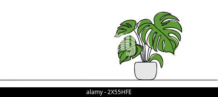 Monstera House Plant in pot una linea disegno continuo illustrazione vettoriale. Icona lineare disegnata a mano Illustrazione Vettoriale