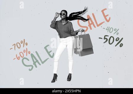 Immagine di schizzo collage composito di un cliente alla moda in stile giovane donna che tiene sacchetti di carta offerta limitata sconto Black friday prezzo ridotto Foto Stock