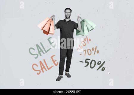 Immagine di schizzo grafica composita collage fotografico di un giovane ragazzo shopaholic cliente che tiene le borse stand offerta limitata vendita Black friday prezzo basso Foto Stock