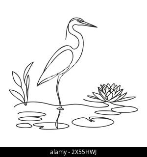 Disegno vettoriale continuo su una linea di bellissimo uccello d'airone astratto uso migliore per logo, banner, sfondo design minimalista. Illustrazione Vettoriale
