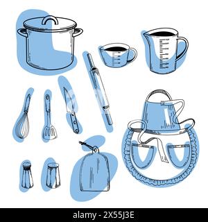 Set di utensili da cucina. Una pentola, una padella con manico nero, un dosatore, una frusta, un coltello, un tagliere, uno shaker di sale. Illustrazione Vettoriale