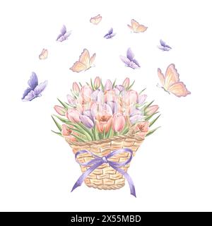 Fiori di tulipani in cesto di vimini con arco e farfalle volanti. Illustrazione ad acquerello floreale. Bouquet primaverile isolato e disegnato a mano. Vintage Drawing te Foto Stock