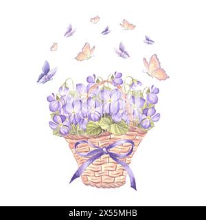 Violette e farfalle selvatiche in cesto di vimini con fiocco e fiocchi. Illustrazione dell'acquerello della molla. Bouquet di pansy disegnato a mano isolato. Disegno vintage Foto Stock