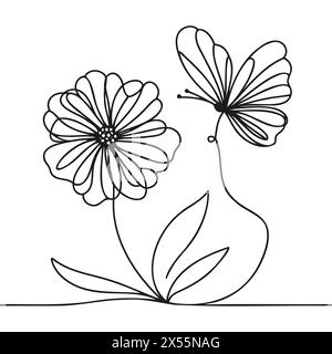 Una linea continua che disegna una bellissima farfalla sul fiore. Concetto primaverile. illustrazione vettoriale Illustrazione Vettoriale