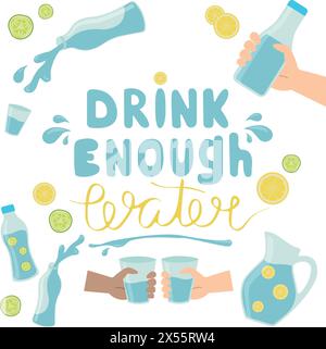Impostare bevete abbastanza acqua. Carino divertente disegnato a mano elementi d'acqua in vetro e bottiglia, rituali sani bere più acqua vettoriale illustrazione set Illustrazione Vettoriale