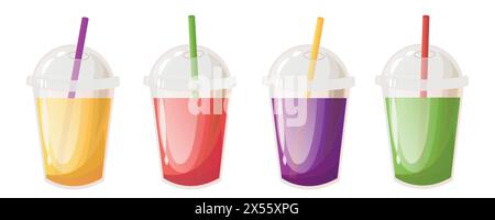 Set di cocktail tropicali. Bevande estive non alcoliche per le vacanze. Succo d'ananas o d'arancia, limonata di anguria, limonata di mirtilli, succo di kiwi . Vect Illustrazione Vettoriale