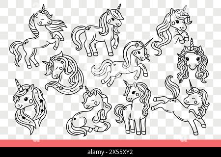 Magico unicorno dei cartoni animati per bambini e delle favole, con un fantastico corno in testa. Unicorno magico o pegasus per disegnare abiti o giocattoli per piccole principesse. Scarabocchio disegnato a mano Illustrazione Vettoriale