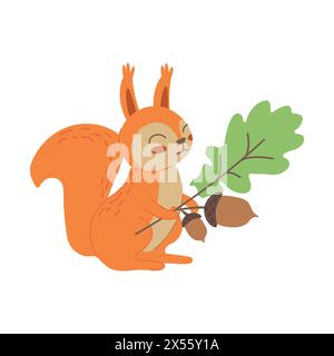 Piccolo scoiattolo carino che tiene il ramo con la ghianda. Benvenuto in autunno. Personaggio cartoni animati per magliette bambini, decorazione vivaio, biglietto d'auguri, h Illustrazione Vettoriale