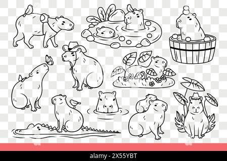 L'animale di Copybara siede sull'erba e nuota nel fiume o cavalca coccodrillo. Il 10 luglio è pronto per una giornata di copibara con animali divertenti maiali marini che vivono in una zona tropicale paludosa. Scarabocchio disegnato a mano Illustrazione Vettoriale