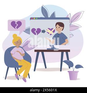 Donna che consulta psicologa online. Paziente e medico discutono di problemi mentali, utilizzando il computer per parlare a distanza. Illustrazione vettoriale per counselin Illustrazione Vettoriale