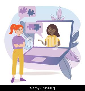 Donna che consulta psicologa online. Paziente e medico discutono di puzzle mentale, usando il computer per parlare a distanza. Illustrazione vettoriale per counselin Illustrazione Vettoriale