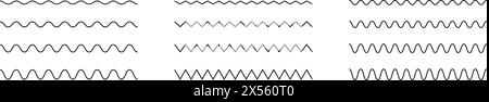 Le linee ondulate e a zigzag sono caratterizzate da increspature e tratti di zigzag. Curve dentellate dinamiche. Illustrazione vettoriale piatta isolata su sfondo bianco. Illustrazione Vettoriale