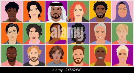 Gruppo di uomini multietnici multirazziali, donne avatar Illustrazione Vettoriale