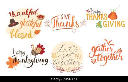 Set di scritte per il giorno del Ringraziamento decorate con elementi di design stagionali e isolate su sfondo bianco. Pacchetto di frasi scritte a mano. Colorato vec Illustrazione Vettoriale
