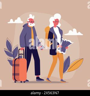 Uomo anziano e donna che viaggiano con borse trolley. Concetto di pensione felice. Felice vecchiaia. È tempo di scoprire nuovi luoghi. Illustrazione vettoriale piatta i Illustrazione Vettoriale