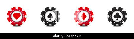 Set di patatine da poker per il gioco d'azzardo. Chip casinò. Design rosso e nero con ombre sotto di esso. Illustrazione vettoriale piatta Illustrazione Vettoriale