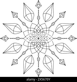 Design astratto del mandala con cerchi concentrici, gemme e foglie Illustrazione Vettoriale