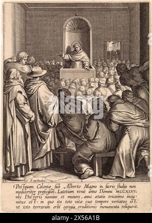 Sermone di Tommaso d'Aquino a Parigi, Egbert van Panderen, dopo otto van Veen, 1610 - Tommaso d'Aquino predica un sermone a Parigi, dove fu inviato nel 1246 e divenne allievo del filosofo tedesco Albertus Magnus. Tommaso d'Aquino predica a un grande gruppo di monaci. Nel margine una didascalia di cinque righe in latino. Foto Stock