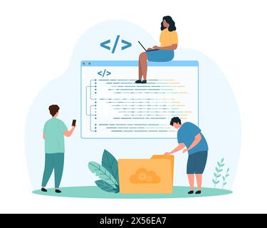 Sviluppo e codifica di software, progetto online di scrittura di siti web e codici applicativi. Le persone di piccole dimensioni lavorano con i dati e la piattaforma aperta su illustrazioni vettoriali di fumetti per l'ottimizzazione degli script reattiva Illustrazione Vettoriale