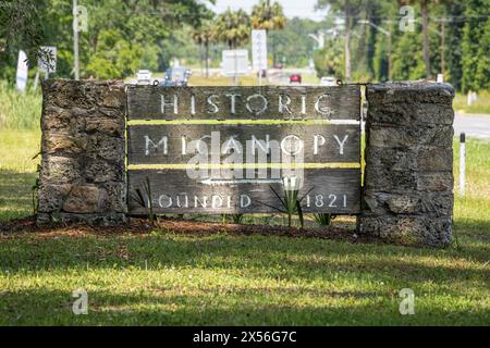 Segnaletica lungo la U.S. Route 441 per Historic Micanopy, fondata nel 1821 e la più antica comunità dell'entroterra della Florida. (USA) Foto Stock