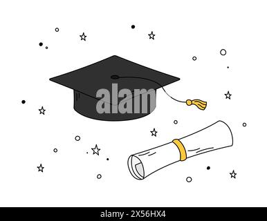 Set vettoriale per calotta graduata e calotta per diplomi. Illustrazioni di profilo isolato quadro accademico, mortaio, certificato di laurea. Alto Illustrazione Vettoriale