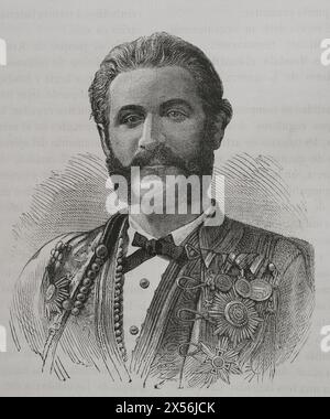 Nicholas i Mirkov Petrovic-Njegos (1841-1921). Principe del Montenegro (1860-1910) e re (1910-1918). Ritratto come principe. Incisione. "La Guerra de Oriente" (la guerra russo-turca). Volume I. 1877. Foto Stock