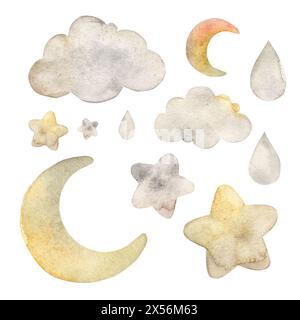 Set di elementi correlati al cielo, al mese giallo, alle nuvole bianche e alle stelle bellissime. Illustrazione isolata ad acquerello per interni per bambini, schede, S. Foto Stock