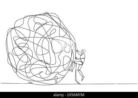 Una linea continua che disegna il robot intelligente si arrampica con la fune. Cercando di mettere l'ansia ai piedi. Per chiarezza di pensiero. Lavoro intelligente Illustrazione Vettoriale