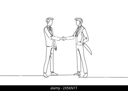 Linea singola continua che disegna due uomini d'affari che stringono la mano. Uno di loro tiene un coltello dietro la schiena. Preparatevi a pugnalare. Deve vincere a tutti i costi Illustrazione Vettoriale