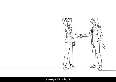 Una linea continua che attira due donne d'affari che stringono la mano. Uno di loro tiene il coltello dietro. Preparatevi a pugnalare. Deve vincere a tutti i costi. Trai Illustrazione Vettoriale
